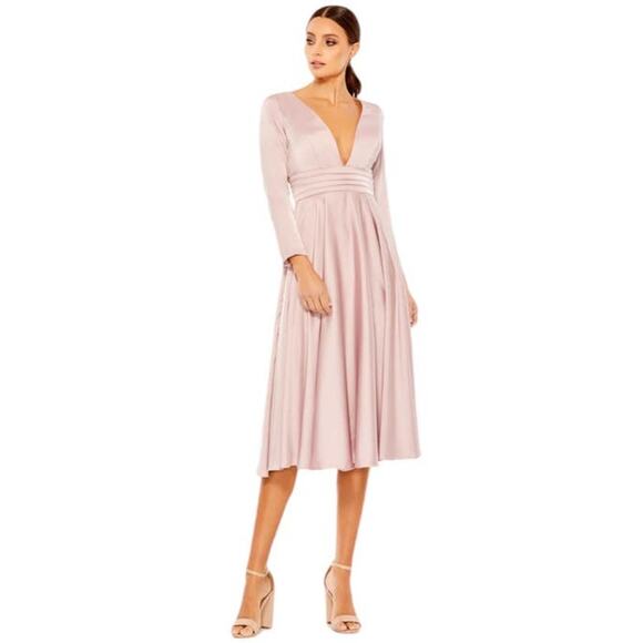 Mac Duggal Plunge Neck Satin A-Line Midi Dress Rose Style 67527 Rose Size 0 NWT - Picture 1 of 8